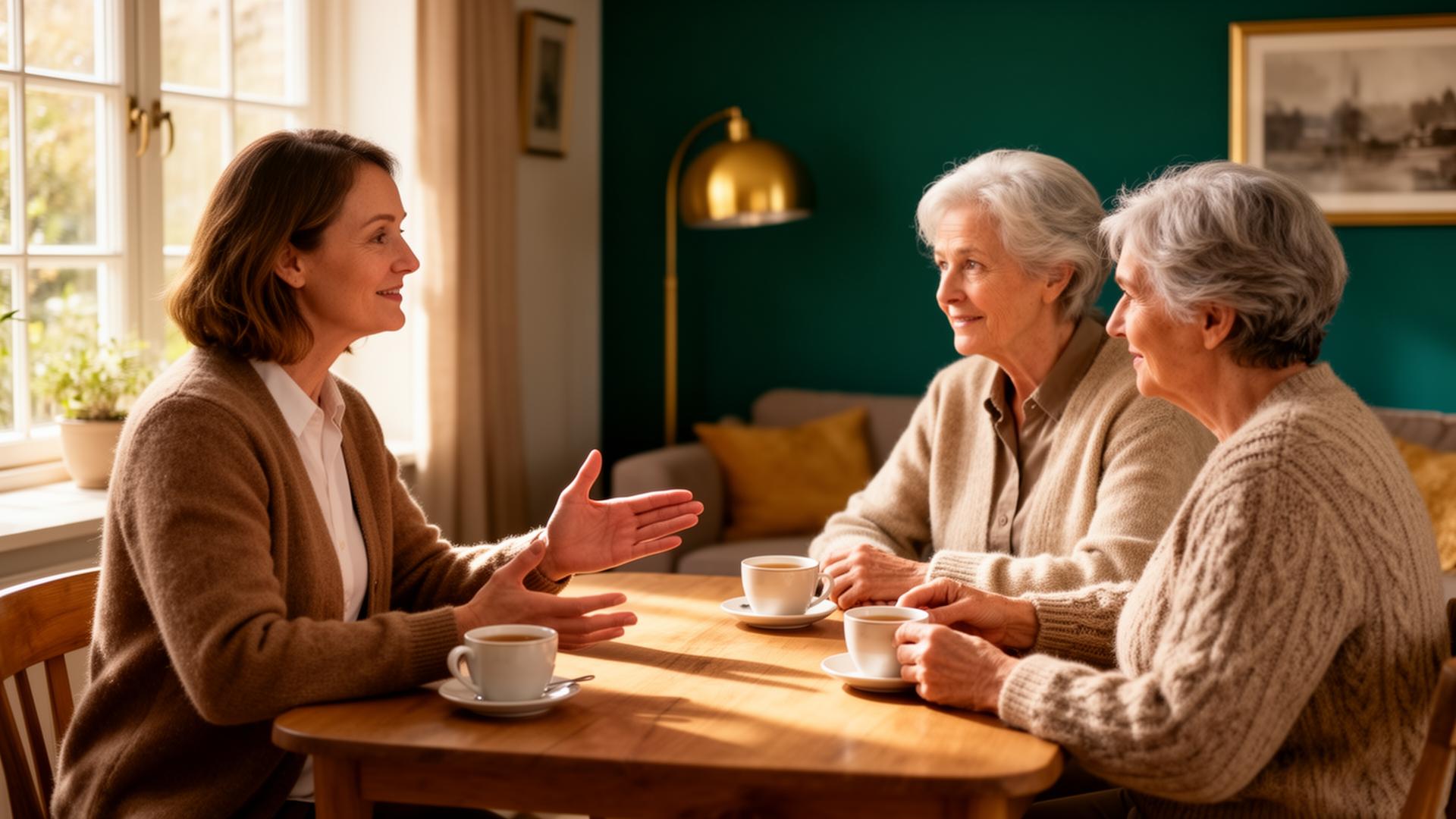 Warm gesprek tussen een adviseur van De Erfeniswijzer en een ouder echtpaar aan de keukentafel
