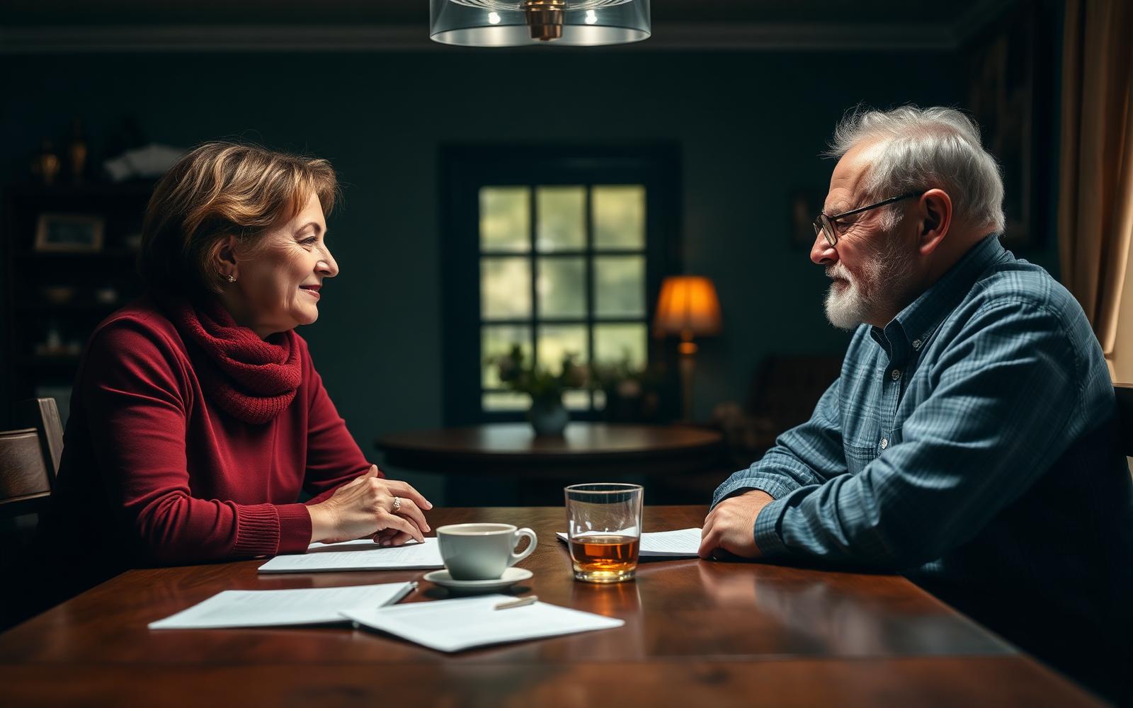 Warm, ondersteunend gesprek tussen een adviseur en een nabestaande aan een houten tafel